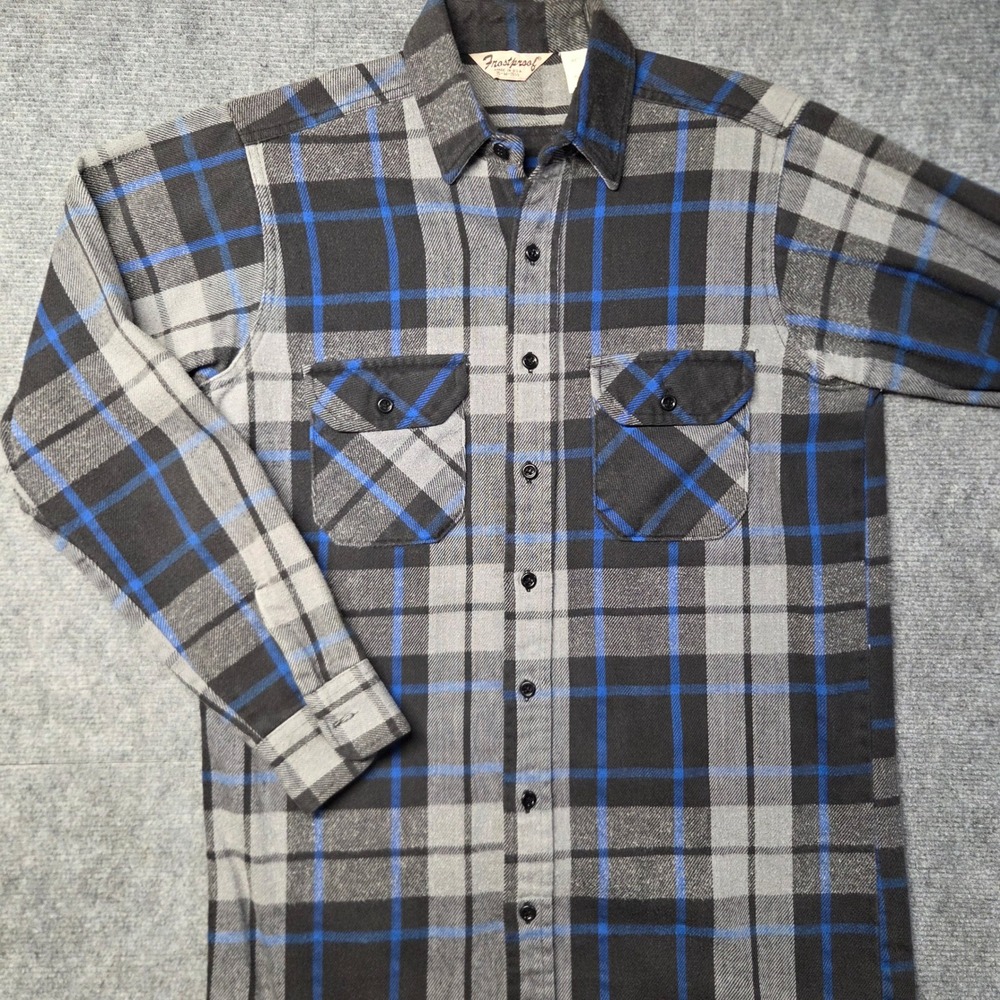 Vintage Frostproof Flannel Shirt Mens M Blue Gray Plaid USA Made Cotton Workwear